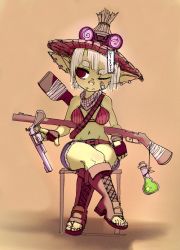 Rule 34 | 1girl, artist name, bandaid, bandaid on face, bandana, bikini, bikini top only, blush, boots, contemporary, cross-laced footwear, earrings, fang, female goblin, fingerless gloves, gigawix, gloves, goblin, goggles, goggles on headwear, gun, gun on back, handgun, hat, high heel boots, high heels, highres, jewelry, lace-up boots, monster girl, multiple piercings, one eye closed, original, pointy ears, potion, red eyes, revolver, rifle, short hair, shorts, solo, swimsuit, toeless footwear, weapon, weapon on back, white hair