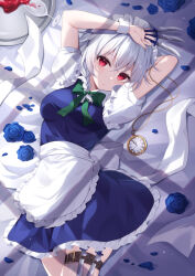 Rule 34 | 1girl, apron, between fingers, blue flower, blue petals, blue rose, bow, bowtie, braid, closed mouth, commentary request, cup, dress, drinking glass, flower, green bow, green bowtie, hair bow, holding, holding knife, izayoi sakuya, knife, knives between fingers, leg belt, light blush, long hair, looking at viewer, lying, maid, maid apron, maid headdress, miy@, on back, pocket watch, red eyes, red wine, rose, short sleeves, solo, spill, touhou, tray, twin braids, waist apron, watch, weapon in garters, white apron, white hair, wine, wine glass