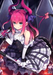 Rule 34 | &gt;:), 10s, 1girl, blue eyes, blush, bow, candle, claws, dated, detached sleeves, dragon girl, dragon tail, dress, elizabeth bathory (fate), elizabeth bathory (fate/extra ccc), elizabeth bathory (second ascension) (fate), fate/extra, fate/extra ccc, fate (series), flat chest, frilled dress, frills, hair between eyes, holding, holding microphone, horns, koruta (nekoimo), long hair, looking at viewer, microphone, microphone stand, pink hair, pointy ears, sidelocks, signature, smile, solo, tail, tail bow, tail ornament, v-shaped eyebrows, wrist cuffs