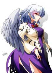Rule 34 | 1girl, angel wings, beige jacket, blush, bow, bowtie, braid, breasts, closed mouth, collared dress, commentary request, dated, dress, expressionless, eyelashes, feathered wings, fingernails, french braid, half updo, kishin sagume, large breasts, lips, long sleeves, looking at viewer, looking to the side, purple dress, red bow, red bowtie, red eyes, shiny skin, sidelocks, signature, silver hair, single wing, solo, standing, stomach, tatsuya (guild plus), thighs, touhou, wing collar, wings