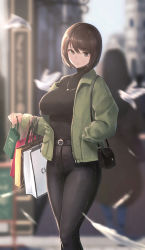 Rule 34 | 1girl, absurdres, bag, belt, black belt, black pants, black sweater, breasts, brown hair, green jacket, hand in pocket, highres, jacket, jewelry, large breasts, looking at viewer, necklace, open clothes, open jacket, original, outdoors, pants, pigone, shopping bag, short hair, solo, sweater, turtleneck, turtleneck sweater