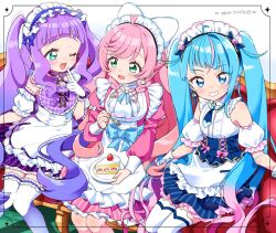 Rule 34 | 3girls, :d, alternate costume, apron, bare shoulders, blue bow, blue eyes, blue hair, blue necktie, blue skirt, blush, bow, buttoned cuffs, buttons, cake, collared shirt, couch, cure majesty, cure prism, cure sky, detached sleeves, dress, ellee-chan, enmaided, eye contact, feet out of frame, food, fork, frilled apron, frilled dress, frills, gloves, gradient hair, green eyes, grin, heart, heart hair, hirogaru sky! precure, holding, holding fork, holding plate, index finger raised, inset border, izumi kirifu, juliet sleeves, knees together feet apart, legwear garter, long hair, long sleeves, looking at another, looking at viewer, magical girl, maid, maid day, maid headdress, multicolored hair, multiple girls, necktie, nijigaoka mashiro, on couch, one eye closed, open mouth, pink dress, pink hair, plate, precure, pretty series, puffy short sleeves, puffy sleeves, purple dress, purple hair, shirt, short dress, short sleeves, sidelocks, simple background, sitting, skirt, sleeve cuffs, smile, sora harewataru, strawberry shortcake, striped clothes, striped dress, teeth, thighhighs, twintails, white apron, white background, white gloves, white shirt, white thighhighs, zettai ryouiki