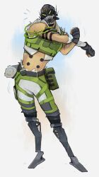 Rule 34 | 1boy, aciescoutex, apex legends, arm belt, arm tattoo, bandaged arm, bandages, bare shoulders, belt, black belt, black gloves, commentary, cross-body stretch, english commentary, fingerless gloves, full body, gloves, goggles, green vest, highres, male focus, mask, mechanical legs, midriff, mouth mask, notice lines, octane (apex legends), pouch, prosthesis, prosthetic leg, solo, tattoo, thigh pouch, thigh strap, vest, white background