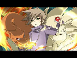 Rule 34 | 1boy, bad id, bad pixiv id, blue oak, brown hair, charizard, creatures (company), dragon, fire, game freak, gen 1 pokemon, green eyes, holding, holding poke ball, jewelry, letterboxed, male focus, necklace, ninetales, nintendo, poke ball, poke ball (basic), pokemon, pokemon (creature), pokemon adventures, pokemon special anime, red eyes, s ruki