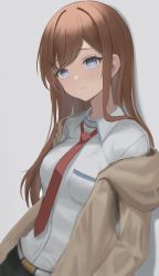 Rule 34 | 1girl, absurdres, blouse, blue eyes, brown hair, brown jacket, closed mouth, collared shirt, dress shirt, grey background, highres, jacket, long hair, long sleeves, makise kurisu, necktie, open clothes, open jacket, red necktie, shirt, simple background, solo, steins;gate, straight hair, ttusee5, upper body, white shirt, wing collar