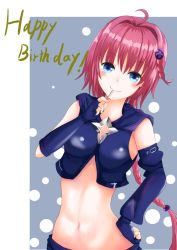 Rule 34 | &gt;;d, 10s, 1girl, ;d, ahoge, arms up, asymmetrical gloves, blue eyes, braid, brick wall, bullet hole, elbow gloves, fingerless gloves, formal, gloves, hand on own hip, happy birthday, highres, kurosaki mea, looking at viewer, md5 mismatch, midriff, mutsuki melo, navel, necktie, one eye closed, open mouth, red hair, resolution mismatch, smile, solo, source smaller, suit, to love-ru, to love-ru darkness, twitter username, uneven gloves, vest