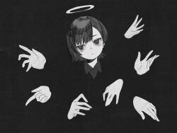 Rule 34 | 1girl, \||/, blending, closed mouth, collared shirt, daruma karei, disembodied limb, earrings, greyscale, halo, hatching (texture), head tilt, highres, index finger raised, jewelry, linear hatching, looking at viewer, monochrome, open hand, original, parted bangs, shadow, shirt, short hair, sidelocks, solo, straight-on