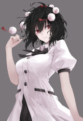 Rule 34 | 1girl, black bow, black hair, bow, bowtie, breasts, buttons, cloudy.r, grey background, hat, hat ribbon, highres, looking at viewer, pom pom (clothes), puffy short sleeves, puffy sleeves, red eyes, ribbon, shameimaru aya, shirt, short sleeves, simple background, skirt, solo, tokin hat, touhou, white shirt