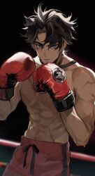 Rule 34 | 1boy, black hair, blue eyes, boxing, boxing gloves, boxing ring, boxing shorts, genshin impact, glaring, highres, looking at viewer, male focus, messy hair, short hair, shorts, solo, suncoze, sweat, sweatdrop, tan, topless male, wriothesley (genshin impact)