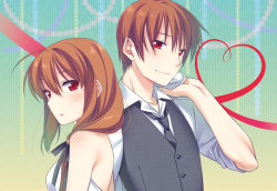 Rule 34 | 1boy, 1girl, back-to-back, brother and sister, dress, formal, little busters!, long hair, natsume kyousuke, natsume rin, short hair, siblings, suit, touon, vest