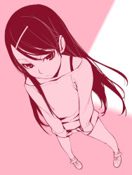 Rule 34 | 1girl, black hair, from above, hair ornament, hairpin, ino (magloid), long hair, mochizuki nonoka, monochrome, off shoulder, otome function, pink theme, shorts, skirt, sleeves past wrists, solo