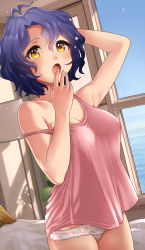 Rule 34 | 1girl, :o, absurdres, antenna hair, arm up, arms behind head, bare shoulders, bed, bed sheet, blue hair, blue sky, blush, breasts, camisole, cleavage, collarbone, covered erect nipples, day, hair between eyes, hanamasa ono, highres, idolmaster, idolmaster million live!, indoors, lace, lace panties, light particles, medium breasts, nail polish, ocean, open mouth, panties, pillow, plant, potted plant, shadow, short hair, sky, sleeveless, solo, strap slip, toyokawa fuka, underwear, underwear only, water, white panties, window, yawning, yellow eyes