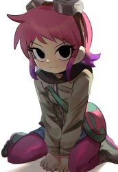 Rule 34 | 1girl, bag, black eyes, breasts, goggles, goggles on head, highres, inline skates, jacket, jaibus, looking at viewer, multicolored hair, official style, pantyhose, pink hair, pink pantyhose, purple hair, ramona flowers, roller skates, scott pilgrim (series), scott pilgrim takes off, shadow, short hair, simple background, sitting, skates, smile, solo, two-tone hair, white background