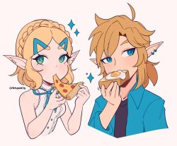 Rule 34 | 1boy, 1girl, blonde hair, blue eyes, blue shirt, bread slice, commentary, cremanata, ear piercing, earrings, english commentary, food, food in mouth, fried egg, fried egg on toast, green eyes, highres, holding, holding food, holding pizza, jewelry, link, medium hair, mouth hold, nintendo, piercing, pizza, pizza slice, pointy ears, princess zelda, shirt, simple background, the legend of zelda, toast, toast in mouth, upper body, white background, white shirt