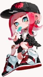 Rule 34 | 1girl, absurdres, bandage on knee, baseball cap, black choker, black hat, black jacket, black shorts, candy, choker, cross-laced footwear, dolphin shorts, ear piercing, earrings, food, green eyes, hat, high tops, highres, holding, holding candy, holding food, holding lollipop, invisible chair, jacket, jewelry, logo, lollipop, looking at viewer, medium hair, myon rio, nintendo, no socks, octoling, octoling girl, octoling player character, off shoulder, open clothes, open jacket, piercing, print headwear, red hair, shirt, shoes, shorts, simple background, sitting, sneakers, solo, sparkle, splatoon (series), suction cups, t-shirt, tentacle hair, white background, white footwear, white shirt