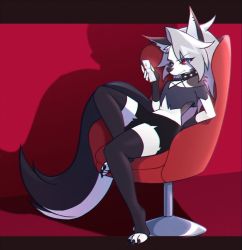 Rule 34 | 1girl, animal ears, animal feet, black shorts, collar, crop top, eungking (tog2029), frown, furry, helluva boss, leg up, long hair, looking at phone, looking at viewer, loona (helluva boss), phone, red background, red eyes, shadow, shorts, slouching, spiked collar, spikes, tail, thighhighs, white hair, wolf, wolf ears, wolf tail