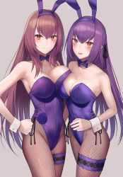 Rule 34 | 2girls, animal ears, asymmetrical docking, bare arms, bare shoulders, black ribbon, blush, bow, bowtie, breast press, breasts, bridal garter, brown hair, brown legwear, cleavage, closed mouth, collarbone, commentary request, cosplay, cowboy shot, detached collar, dual persona, fake animal ears, fate/grand order, fate (series), fishnet legwear, fishnets, flower, grey background, groin, hair between eyes, hair ribbon, hairband, hand on own hip, highleg, highleg leotard, highres, large breasts, leotard, long hair, looking at viewer, multiple girls, official alternate costume, pantyhose, parted lips, playboy bunny, purple bow, purple flower, purple hair, purple hairband, purple leotard, purple neckwear, purple rose, rabbit ears, red eyes, ribbon, rose, scathach (fate), scathach (fate) (cosplay), scathach (piercing bunny) (fate), scathach skadi (fate), side-tie leotard, sidelocks, simple background, smile, standing, strapless, strapless leotard, sweatdrop, tsuchifumazu, v-shaped eyebrows, very long hair, wrist cuffs