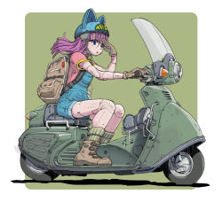 Rule 34 | 1girl, aged up, android, animal hat, ankle boots, backpack, bag, blue eyes, boots, dr. slump, flat color, glasses, gloves, hat, helmet, joints, long hair, looking ahead, motor vehicle, norimaki arale, open mouth, overalls, pink hair, riding, robot joints, scooter, solo, sukabu, wind