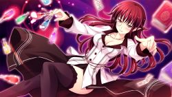 Rule 34 | 1girl, book, bottle, breasts, cleavage, game cg, jewelry, kagami yuuko, ko~cha, long hair, monocle, necklace, red eyes, red hair, thighhighs, witch&#039;s garden