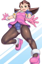 Rule 34 | 1girl, breasts, brown hair, green eyes, happy, highres, mega man (series), mega man legends (series), open mouth, orizen, pantyhose, shoes, small breasts, solo, tron bonne (mega man)