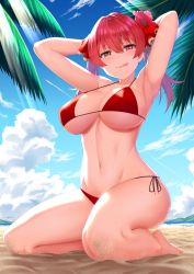 Rule 34 | 1girl, :p, armpits, arms behind head, barefoot, beach, bikini, blue sky, blush, breasts, cloud, day, flower, hair between eyes, hair flower, hair ornament, halterneck, heterochromia, highres, hololive, houshou marine, large breasts, looking at viewer, naughty face, navel, outdoors, red bikini, red eyes, red hair, sand, short hair, side-tie bikini bottom, sitting, sky, solo, string bikini, summer, sunlight, swimsuit, takurowo, tongue, tongue out, twintails, virtual youtuber, wariza, yellow eyes
