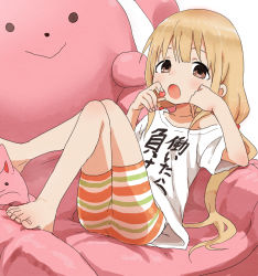 Rule 34 | 10s, 1girl, barefoot, bean bag chair, blonde hair, brown eyes, candy, chair, clothes writing, feet, food, futaba anzu, highres, idolmaster, idolmaster cinderella girls, long hair, looking at viewer, low twintails, lying, on back, open mouth, shirt, simple background, solo, stuffed animal, stuffed rabbit, stuffed toy, t-shirt, toes, twintails, very long hair, white background, yamamoto souichirou, you work you lose