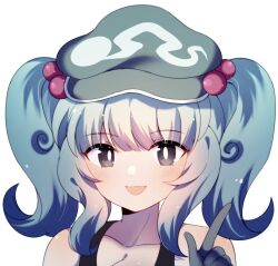 Rule 34 | 1girl, black eyes, black gloves, blue hair, blush, breasts, cleavage, collarbone, dot nose, finger gun, gloves, green hat, hair bobbles, hair ornament, happy, hat, highres, kawashiro nitori, medium breasts, open mouth, pointing, rubber gloves, short hair, smile, solo, tank top, touhou, twintails
