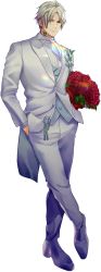 Rule 34 | 1boy, arms at sides, ascot, bouquet, brown eyes, buttons, closed mouth, crossed legs, final fantasy, final fantasy xiv, flower, formal, full body, grey hair, groom, hand in pocket, highres, hyur, jacket, looking at viewer, male focus, neck tattoo, pants, pmoazi, pocket, red flower, red rose, rose, shoes, short hair, smile, solo, standing, standing on one leg, suit, suit jacket, tattoo, thancred waters, transparent background, tuxedo, vest, white ascot, white jacket, white pants, white suit