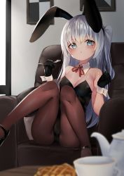 Rule 34 | 1girl, animal ears, bare shoulders, black gloves, black leotard, blurry, blurry foreground, breasts, brown pantyhose, chair, cleavage, collar, commentary, cup, easy chair, fake animal ears, fork, gloves, hairband, hands up, highres, holding, holding fork, indoors, knees up, kure (kure ng), leotard, long hair, medium breasts, neck ribbon, one side up, original, pantyhose, playboy bunny, rabbit ears, red ribbon, ribbon, silver hair, sitting, solo, spread legs, strapless, strapless leotard, symbol-only commentary, tea set, teacup, teapot, very long hair, white collar, wrist cuffs
