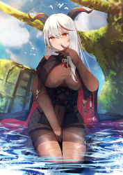 Rule 34 | 1girl, absurdres, aegir (azur lane), azur lane, black cape, black gloves, bodystocking, breast curtains, breasts, cape, covered navel, cross, cross earrings, demon horns, earrings, finger to mouth, gloves, hane (feathe02), highres, horns, iron cross, jewelry, large breasts, looking at viewer, multicolored hair, outdoors, red hair, revealing clothes, skin tight, solo, streaked hair, tree, two-tone hair, wading, water, white hair, yellow eyes