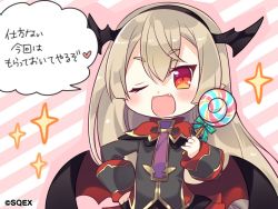Rule 34 | 1girl, blonde hair, blush, camilla regina, candy, eco (petticoat), fang, head wings, lollipop, long hair, low wings, official art, pointy ears, pop-up story, red eyes, solo, sparkle, vampire, wings