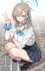 Rule 34 | 1girl, asuna (blue archive), asymmetrical bangs, bare legs, black choker, black footwear, black skirt, blue archive, blue bow, blue bowtie, blue eyes, blue halo, blue ribbon, bow, bowtie, breast hold, breasts, brick floor, button gap, choker, collarbone, collared shirt, from above, hair intakes, hair over one eye, hair ribbon, halo, hidis0086, high-waist skirt, highres, kneehighs, large breasts, light blush, light brown hair, loafers, long hair, looking at viewer, pleated skirt, ribbon, scrunchie, shirt, shirt tucked in, shoes, sidelocks, skirt, sleeves rolled up, smile, socks, squatting, teeth, tsurime, v, very long hair, white shirt, wrist scrunchie