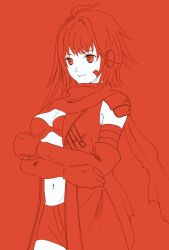 Rule 34 | 1girl, arc the lad iii, armor, bandage on face, bandages, bike shorts, bra, breasts, cheryl (arc the lad), closed mouth, gloves, long hair, medium breasts, navel, red eyes, red hair, red theme, scarf, shoulder armor, simple background, smile, solo, underwear