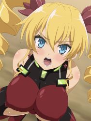 Rule 34 | 10s, 1girl, bare arms, bare shoulders, blonde hair, blue eyes, blush, bodysuit, breasts, claire harvey, covered erect nipples, drill hair, earrings, highres, hundred (light novel), impossible clothes, jewelry, large breasts, legs, long hair, looking at viewer, miyamaya, open mouth, sleeveless, solo, squatting, sweat, thighs, twintails