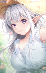 Rule 34 | 1girl, armpits, blurry, breasts, closed mouth, collarbone, dappled sunlight, day, depth of field, dress, elf, eyelashes, grey hair, hat, highres, hozumi kaoru, large breasts, long hair, looking at viewer, mariabelle (elf-san), nihon e youkoso elf-san., petals, pointy ears, purple eyes, sleeveless, sleeveless dress, smile, solo, straw hat, sun hat, sunlight, upper body, white dress