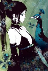 Rule 34 | 1girl, absurdres, bird, black dress, black hair, blue eyes, breasts, bug, butterfly, cleavage, detached sleeves, dress, earrings, eri kamijo, eye contact, eyeshadow, feathers, highres, bug, jewelry, long hair, looking at another, makeup, necklace, original, pale skin, peacock, ponytail, solo