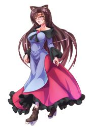 Rule 34 | 1girl, animal ears, bare shoulders, blush, boots, breasts, brooch, brown footwear, brown hair, collarbone, dress, fingernails, frilled dress, frills, full body, fur, high heel boots, high heels, highres, imaizumi kagerou, jewelry, large breasts, long fingernails, long hair, long sleeves, nail polish, nose blush, open mouth, red eyes, red nails, solo, tachi-e, tareme, touhou, transparent background, very long hair, white background, wide sleeves, wolf ears, zephid