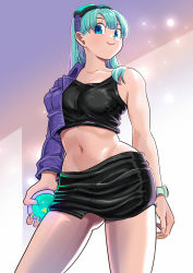 Rule 34 | 1girl, absurdres, aqua hair, bare shoulders, black skirt, blue eyes, breasts, bulma, closed mouth, crop top, dragon ball, dragon radar, goggles, goggles on head, highres, midriff, navel, pink mousse, skirt, smile, solo, watch, wristwatch