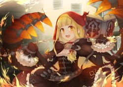 Rule 34 | 1girl, belt, belt buckle, blonde hair, blunt bangs, blush, book, breasts, brown belt, brown dress, buckle, cape, claws, dress, fire, frilled sleeves, frills, hair ribbon, highres, holding, holding book, hood, hood up, hooded cape, long hair, long sleeves, looking at viewer, nomi (kurocxx110), open book, open mouth, red cape, red hood, red ribbon, red riding hood (sinoalice), ribbon, sinoalice, sleeves past fingers, sleeves past wrists, small breasts, solo, teeth, upper teeth only, yellow eyes