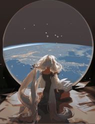 Rule 34 | 1girl, book, brown dress, commentary, dress, earth (planet), from behind, hair ribbon, highres, long hair, long sleeves, nape, open book, original, paper, papers, planet, redum4, ribbon, seiza, short dress, sitting, solo, space, spacecraft, twintails, white hair