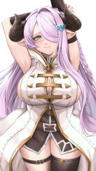 Rule 34 | 1girl, 27h kikyo, absurdres, armpits, asymmetrical gloves, blue eyes, blush, braid, breasts, butterfly earrings, cleavage, demon horns, draph, earrings, gloves, granblue fantasy, hair ornament, hair over one eye, highres, horns, jewelry, large breasts, looking at viewer, narmaya (granblue fantasy), pointy ears, single braid, single thighhigh, smile, snowman hair ornament, solo, thigh gap, thigh strap, thighhighs, thighs, uneven gloves