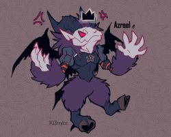 Rule 34 | 1boy, angry, artist request, character name, demon, digimon, digimon (creature), full body, fur, horns, looking at viewer, mephismon, muscular, red eyes, simple background, solo, tail, twitter username, walking, wings