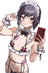 Rule 34 | 1boy, aqua nails, armpit crease, bikini, black hair, blush, bow, bowtie, bulge, cellphone, commentary request, condom, condom wrapper, cowboy shot, cupless bikini, detached collar, furrowed brow, groin, highres, holding, holding phone, looking away, lowleg, lowleg bikini, maid, maid bikini, maid headdress, male focus, nail polish, navel, original, paid reward available, parted lips, pasties, penis, penis peek, phone, profanity, purple eyes, remote control vibrator, sex toy, short hair, simple background, smartphone, solo, standing, swimsuit, trap, tsurime, unconventional maid, variant set, vibrator, white background, wrist cuffs, yoruhachi