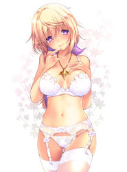 Rule 34 | 108 gou, 10s, 1girl, blonde hair, blush, bra, breasts, charlotte dunois, cleavage, garter belt, garter straps, infinite stratos, jewelry, large breasts, lingerie, long hair, looking at viewer, navel, necklace, panties, purple eyes, smile, solo, thighhighs, underwear, underwear only, white bra, white panties, white thighhighs