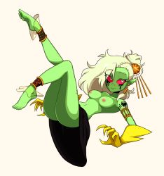 Rule 34 | 1girl, arabian clothes, ass, belly dancer, breasts, colored skin, disney, elbow gloves, feet, freckles, gloves, green skin, highres, legs, lord dominator, nipples, solo, wander over yonder, white hair