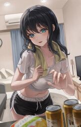 Rule 34 | 1girl, air conditioner, aqua eyes, bag of chips, bed, beer can, black hair, black shorts, blush, breasts, can, ceiling light, commentary, condensation, couch, crop top, cropped shirt, curtains, dolphin shorts, drawstring, drink can, highres, indoors, lamp, large breasts, leaning forward, long hair, midriff, navel, open mouth, original, outstretched hand, paran, pillow, reaching, rug, see-through, shirt, short shorts, short sleeves, shorts, sidelocks, smile, solo, stomach, symbol-only commentary, table, television, thighs, towel, towel around neck, twitter logo, twitter username, very long hair, wet, wet clothes, wet hair, white shirt