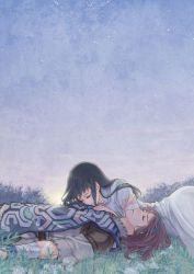 Rule 34 | 1boy, 1girl, black hair, closed eyes, closed mouth, commentary request, couple, dress, flower, long hair, lying, male focus, masato (oal), mono (shadow of the colossus), night, night sky, red hair, shadow of the colossus, short hair, sky, star (sky), star (symbol), wander (shadow of the colossus), white dress