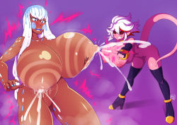Rule 34 | 2girls, android 21 (cosplay), blue eyes, blush, breast expansion, breast hold, breasts, cosplay, crossover, deumosden, dragon ball, dragon ball fighterz, gigantic breasts, gingerbread man, huge breasts, kill la kill, kiryuuin satsuki, lactation, leaning forward, long hair, majin android 21 (cosplay), matoi ryuuko, milk, multiple girls, nail polish, naughty face, nipples, nose, nude, open mouth, red eyes, saliva, saliva trail, smile, standing, thick eyebrows, thighhighs, white hair