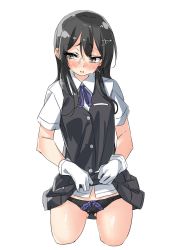 Rule 34 | 10s, 1girl, bad id, bad twitter id, black hair, black panties, black skirt, black vest, blush, bow, bow panties, breast pocket, buttons, clothes lift, collared shirt, cowboy shot, cropped legs, ebifurya, gloves, gluteal fold, hair between eyes, hair ornament, hairclip, highres, inactive account, kantai collection, lifting own clothes, long hair, looking away, looking to the side, neck ribbon, open mouth, oyashio (kancolle), panties, pleated skirt, pocket, purple bow, purple ribbon, ribbon, shirt, short sleeves, sidelocks, simple background, skirt, skirt lift, sleeveless, solo, tears, underwear, vest, white background, white gloves, white shirt, yellow eyes