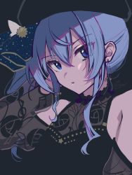 Rule 34 | 1girl, absurdres, bare shoulders, blending, blue eyes, blue hair, detached sleeves, earrings, flat color, hair between eyes, hand in own hair, hat, highres, hololive, hoshimachi suisei, jewelry, konya (chocolate palette), long hair, looking at viewer, musical note, musical note print, parted lips, portrait, see-through, see-through sleeves, side ponytail, sidelocks, signature, solo, star (symbol), star earrings, star in eye, starry sky print, symbol in eye, virtual youtuber